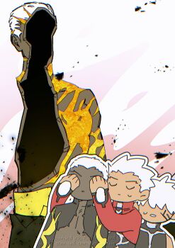 3boys archer_(fate) archer_alter_(fate) armor buzz_cut code3755 corpse crew_cut dark-skinned_male dark_skin emiya_alter fate/grand_order fate_(series) highres male_focus multiple_boys short_hair short_sideburns sideburns very_dark_skin very_short_hair white_hair