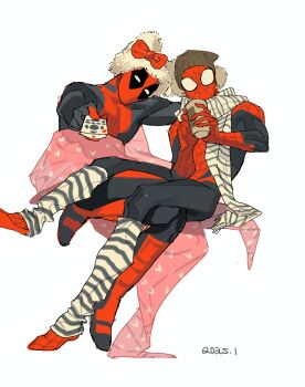 2boys black_bodysuit blanket bodysuit bow brown_hat controller covered_collarbone cup dated deadpool deadpool_(series) fang_wo_zou_aaaaaa full_body hands_up hat hat_with_ears heart heart_print highres holding holding_cup holding_remote_control leg_warmers male_focus marvel multicolored_bodysuit multiple_boys pom_pom_(clothes) red_bodysuit red_bow remote_control scarf simple_background sitting spider-man spider-man_(series) spider_web_print striped_clothes striped_scarf superhero_costume two-tone_bodysuit white_background white_hat white_scarf