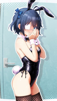 1girl ahoge alternate_costume animal_ears bare_arms bare_shoulders black_bow black_bowtie black_hair black_leotard blue_bow blue_eyes blush bow bowtie brown_thighhighs chuunibyou_demo_koi_ga_shitai! cowboy_shot detached_collar door eyepatch fake_animal_ears hair_bow hands_up inazumi_art leotard loli medical_eyepatch outline playboy_bunny rabbit_ears rabbit_tail shiny_clothes shiny_skin short_hair simple_background solo tail takanashi_rikka thighhighs white_background white_outline wrist_cuffs