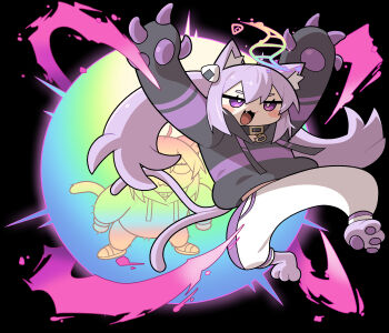 1girl :3 :d absurdres adapted_costume alternate_hair_length alternate_hairstyle animal_ear_fluff animal_ears animal_feet black_background black_hoodie black_pants cat_ears cat_girl cat_tail cocomayo29_(tomato) commentary_request fang food-themed_hair_ornament full_body hair_ornament highres hololive hood hoodie korean_commentary long_hair long_sleeves mega_evolution mega_evolution_symbol nekomata_okayu nekomata_okayu_(1st_costume) nintendo onigiri_hair_ornament open_mouth pants paw_sleeves pokemon purple_eyes purple_hair smile tail twintails virtual_youtuber