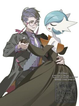 1boy 1other alternate_color black-framed_eyewear black_dress black_hair black_jacket black_pants blue_hair bob_cut closed_eyes collared_shirt colored_skin commentary_request corbeau_(pokemon) dress eyewear_strap gardevoir gen_3_pokemon glasses highres jacket kitsune_(ly_howe) korean_commentary long_sleeves mega_gardevoir mega_pokemon necktie nintendo open_clothes open_jacket open_mouth pants parted_hair pokemon pokemon_(creature) pokemon_legends:_z-a purple_hair purple_shirt round_eyewear shiny_pokemon shirt short_hair short_sideburns sideburns smile undercut white_necktie yellow_eyes