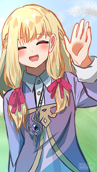 1girl blonde_hair blush closed_eyes facing_viewer jewelry long_hair necklace open_mouth purple_vest smile sonia_(tales_of_crestoria) tales_of_(series) tales_of_crestoria user_jsch3232 vest waving