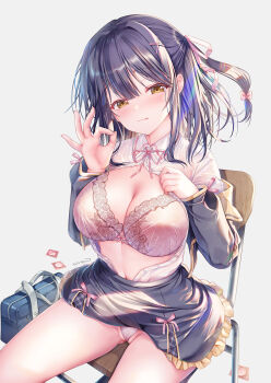 Rule 34 | 1girl, bag, black hair, black jacket, black skirt, blush, bra, breasts, brown hair, chair, cleavage, clothes lift, commentary request, condom, grey background, hair between eyes, hair ornament, hair ribbon, highres, jacket, large breasts, long sleeves, looking at viewer, nanami yuuno, navel, original, panties, pink bra, pink panties, ribbon, school bag, school chair, school uniform, shirt, simple background, sitting, skirt, skirt lift, solo, sousouman, twinbox school, underwear, used condom, white shirt, x hair ornament