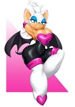 1girl animal_ears armor armpits arms_up bat_ears bat_wings black_bodysuit bodysuit boots breastplate breasts cleavage closed_eyes covered_navel eyelashes full_body furry green_eyes knee_boots kyelyn large_breasts looking_at_viewer pink_background rouge_the_bat skin_tight smile solo sonic_(series) standing standing_on_one_leg tail white_background white_boots white_hair wings