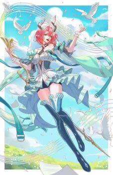 1girl absurdres alientomoe bare_shoulders beamed_eighth_notes bird black_shorts blue_sky boots border breasts ciaccona_(wuthering_waves) day detached_sleeves dress frilled_wrist_cuffs frills full_body green_eyes green_jacket hand_up highres holding holding_microphone_stand jacket medium_breasts medium_hair microphone_stand musical_note open_mouth outdoors pointy_ears red_hair shorts sky smile solo tacet_mark_(wuthering_waves) thigh_boots thighs tree_horns white_bird white_border white_dress wrist_cuffs wuthering_waves