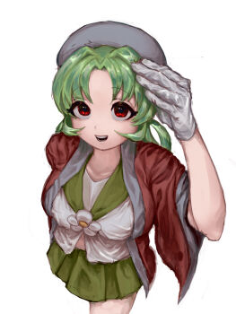 1girl arm_up beret bic_camera breasts character_request commentary_request cowboy_shot daisy_(flower) flower from_above gloves green_hair green_skirt grey_gloves grey_hat grey_shirt hat highres jacket looking_at_viewer medium_breasts miniskirt okubatomaeba open_clothes open_jacket open_mouth parted_bangs red_eyes red_jacket shirt short_hair short_sleeves simple_background skirt smile solo white_background