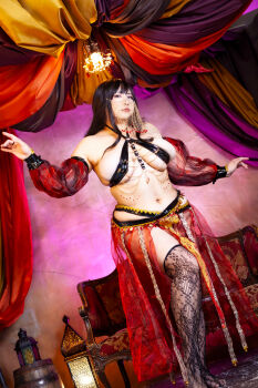 1girl asian belly belly_dancer black_hair breasts chouzuki_maryou cleavage highres large_breasts lipstick makeup photo_(medium) plump solo thick_thighs thighs underboob