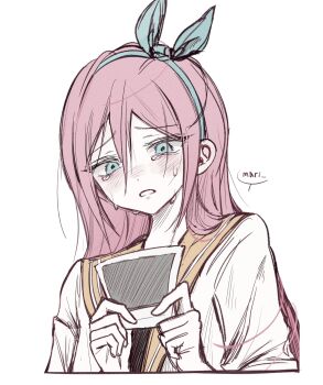 Rule 34 | 1girl, aubrey (faraway) (omori), aubrey (omori), blue eyes, blue hairband, blush, commentary request, crying, crying with eyes open, double-parted bangs, english text, hair between eyes, hairband, highres, holding, holding photo, jacket, korean commentary, long hair, omori, open clothes, open jacket, parted lips, photo (object), pink hair, short-sleeved jacket, short sleeves, sketch, solo, speech bubble, tears, upper body, white jacket, wktdms1