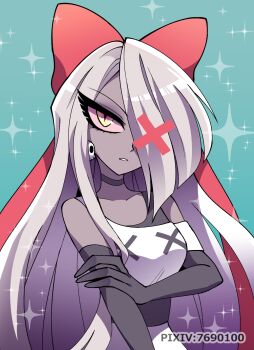 1girl aqua_background bare_shoulders bow bra_strap breasts choker collarbone colored_sclera colored_skin commentary_request earrings elbow_gloves eyeshadow fewer_digits gloves grey_choker grey_gloves grey_hair grey_skin hair_bow hands_on_own_arms hazbin_hotel hellaverse highres jewelry long_hair looking_at_viewer lower_eyelashes_only makeup menattou one_eye_covered parted_lips pink_sclera pixiv_id prototype_design purple_eyeshadow red_bow shirt short_sleeves simple_background skull_earrings slit_pupils small_breasts solo sparkle sparkle_background tsurime upper_body vaggie very_long_hair white_shirt yellow_eyes