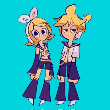 1boy 1girl aqua_background black_leg_warmers black_sailor_collar black_shorts black_sleeves blonde_hair blue_eyes closed_mouth corrupted_twitter_file detached_sleeves hair_ornament hairclip headphones highres jitome kagamine_len kagamine_rin leg_warmers looking_at_viewer looking_to_the_side midriff neckerchief necktie ponytail rainelyn00 ribbon sailor_collar school_uniform serafuku shoes short_hair short_ponytail shorts simple_background toon_(style) vocaloid white_ribbon white_serafuku white_shoes yellow_neckerchief yellow_necktie
