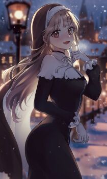 1girl black_dress black_veil blush breasts brown_eyes brown_hair capelet city_lights dress from_side full-length_zipper gloves guimpe high_collar highres kototuki lamppost long_dress long_hair long_sleeves looking_at_viewer medium_breasts nijisanji nun open_mouth outdoors sister_claire sister_claire_(1st_costume) smile snowing solo straight_hair veil virtual_youtuber white_capelet white_gloves wispy_bangs zipper zipper_dress