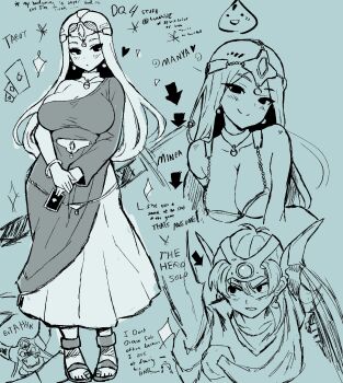 1boy 2girls armor arrow_(symbol) bikini_armor breasts card character_name circlet closed_mouth dot_mouth dragon_quest dragon_quest_iv earrings english_text estark forehead_jewel full_body greyscale highres holding holding_card jewelry large_breasts light_blush long_hair lunchiblz manya_(dq4) metal_bikini metal_bra monochrome multiple_girls neck_ring sandals scabbard sheath sheathed siblings sisters slime_(dragon_quest) solo_focus sphere_earrings standing tarot tarot_card v_arms