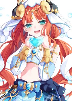 Rule 34 | 1girl, aqua eyes, blue gem, blue skirt, blush, commentary request, crop top, fake horns, gem, genshin impact, gold trim, hands up, heart, heart hands, highres, horns, long hair, long sleeves, looking at viewer, maki soutoki, nilou (genshin impact), open mouth, red hair, skirt, solo, stomach, upper body, veil, very long hair, white background, white veil