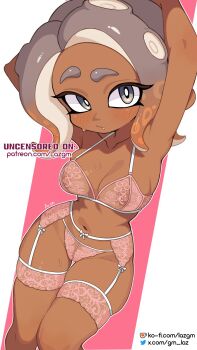 1girl agent_8_(splatoon) arms_behind_head dark-skinned_female dark_skin female_focus garter_belt garter_straps gradient_hair grey_eyes highres laz_gm lingerie multicolored_hair navel nintendo octoling octoling_girl octoling_player_character short_hair solo splatoon_(series) sweat tagme tentacle_hair underwear
