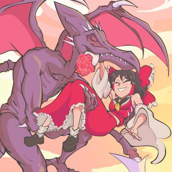 Rule 34 | alien, bare shoulders, bouquet, bow, brown hair, carrying, closed eyes, davewaterfalls, dragon wings, dress, flower, hair bow, hakurei reimu, metroid, nintendo, princess carry, ridley, touhou, wings