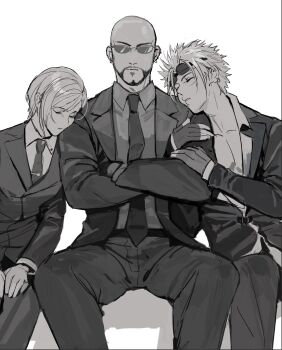Rule 34 | 1girl, 2boys, bald, closed eyes, closed mouth, commentary, crossed arms, earrings, elena (ff7), facial hair, feet out of frame, final fantasy, final fantasy vii, final fantasy vii rebirth, final fantasy vii remake, fingerless gloves, gloves, greyscale, head on another's shoulder, highres, jacket, jewelry, long sleeves, monochrome, multiple boys, necktie, pants, parted lips, reno (ff7), rude (ff7), shirt, short hair, shou rou, sitting, sleeping, spiked hair, suit jacket, sunglasses, symbol-only commentary, turks (ff7), white background, wing collar