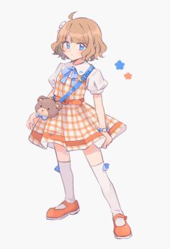 Rule 34 | 1girl, ahoge, animal bag, bear bag, blue eyes, blue ribbon, bracelet, brown hair, closed mouth, dress, flower, full body, hair flower, hair ornament, highres, idolmaster, idolmaster million live!, jewelry, looking at viewer, orange dress, orange shoes, puffy short sleeves, puffy sleeves, ribbon, shoes, short hair, short sleeves, solo, standing, stuffed animal, stuffed toy, suou momoko, sushitarou, teddy bear, thighhighs, wavy hair, white thighhighs