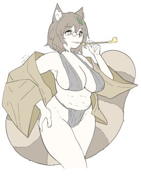 1girl animal_ears bikini black_bikini brown_eyes brown_hair brown_vest commentary dated fundoshi futatsuiwa_mamizou glasses groin highres holding holding_smoking_pipe japanese_clothes leaf leaf_on_head navel open_mouth pince-nez plump raccoon_ears raccoon_girl raccoon_tail round_eyewear short_hair simple_background smoking_pipe solo swimsuit tail touhou vest warosufox white_background