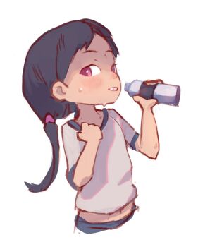 1girl black_hair bottle child female_focus gym_uniform highres looking_at_viewer midriff navel open_mouth original orphira pink_eyes shirt solo standing sweat teeth twintails upper_teeth_only water_bottle white_background