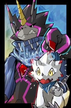 Rule 34 | alycoris, bandana, bandana around neck, black border, black scales, black sclera, blue bandana, blue cloak, border, chibikemo, cloak, colored sclera, digimon, digimon (creature), digimon ghost game, dragon, gammamon, gulusgammamon, horns, smile, triceratops, white scales, yellow eyes