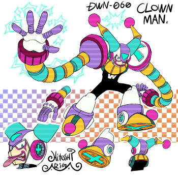 1boy android aqua_eyes aqua_gemstone ariga_hitoshi armor artist_name black_bodysuit bodysuit boots character_name checkered_background clown clown_boy clown_man commentary_request concept_art cross electricity facepaint fake_horns forehead_jewel from_behind full_body gem gradient_background hand_up helmet highres horned_helmet horns jester jester_boy knee_boots long_arms long_tongue looking_ahead looking_at_viewer male_focus mega_man_(classic) mega_man_(series) mega_man_8 mega_man_megamix multiple_views no_humans open_hand orange_background portrait purple_background reference_sheet robot robot_ears scanlines shoe_soles shoulder_armor signature simple_background smile spread_fingers standing teeth tongue tongue_out turnaround upper_body white_background