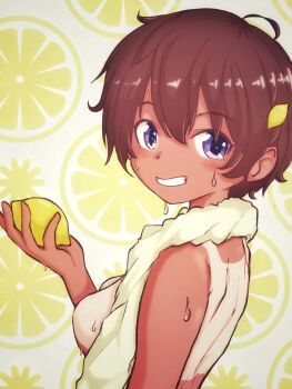 1girl dark-skinned_female dark_skin food food-themed_hair_ornament fruit hair_ornament highres lemon lemon_background lemon_hair_ornament lemon_slice make_heroine_ga_oo_sugiru! name_connection nemuri_nezumi no_nipples object_namesake short_hair solo sweat tan tanline topless_female towel towel_around_neck upper_body yakishio_lemon
