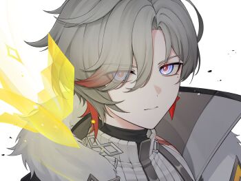 Rule 34 | 1boy, black shirt, blue eyes, closed mouth, eyes visible through hair, fukami nau, fur trim, genshin impact, grey hair, hair over one eye, hashtag-only commentary, highres, illuga (genshin impact), looking at viewer, male focus, parted hair, red hair, ringed eyes, shirt, solo, turtleneck, white background, white fur, white shirt