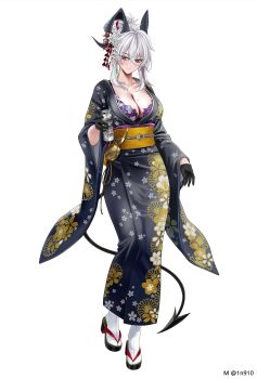 1girl black_gloves black_horns black_kimono blush breasts can cleavage closed_mouth collarbone commentary_request curled_horns earrings floral_print floral_print_kimono flower full_body gloves hair_between_eyes hair_flower hair_ornament hand_up highres holding holding_can horns japanese_clothes jewelry key_earrings kimono large_breasts looking_at_viewer m_(1n910) mole mole_on_breast obi print_kimono red_eyes sash simple_background solo standing twitter_username white_background white_flower white_hair wuthering_waves yellow_sash zani_(wuthering_waves)