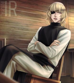 Rule 34 | 1boy, artist logo, badeni, black tabard, blonde hair, chair, chair tipping, chi.: chikyuu no undou ni tsuite, commentary request, crossed arms, eyepatch, highres, indoors, iorbtyn, logo, looking to the side, male focus, medium hair, on chair, open mouth, scar, scar on face, scar on lip, scar on mouth, scar on nose, sitting, solo, tabard, tonsure, wooden wall