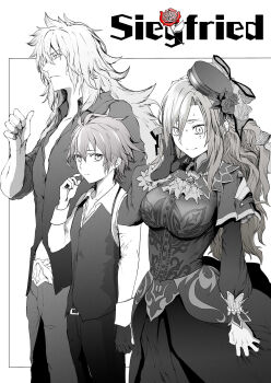 1girl 2boys bishounen boy_and_girl_sandwich breasts character_name collared_shirt dress fate/apocrypha fate/grand_order fate_(series) highres husband_and_wife kriemhild_(fate) kriemhild_(first_ascension)_(fate) large_breasts long_hair long_sleeves mole mole_under_eye multiple_boys sandwiched shirt short_hair sieg_(fate) siegfried_(fate) siegfried_(super_cool_biz)_(fate) syatey vest