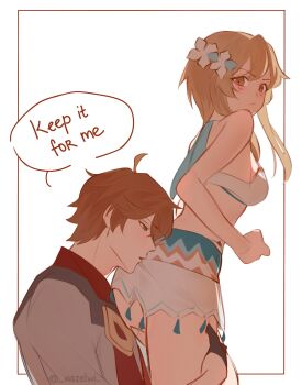 1boy 1girl angry ass bare_arms bare_legs bare_shoulders bikini blonde_hair breasts flower genshin_impact hair_flower hair_ornament hetero highres looking_back lumine_(genshin_impact) lumine_(hot_springs)_(genshin_impact) mazelwi medium_breasts open_mouth red_hair see-through_clothes see-through_skirt skirt swimsuit tartaglia_(genshin_impact) thighs white_bikini yellow_eyes