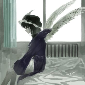 1other androgynous bare_legs bedroom bird_wings black_hair black_hat black_shirt buttons chinese_commentary closed_mouth coattails collared_shirt commentary commentary_request curtains day detached_hood english_commentary expressionless feathered_wings feathers feet_out_of_frame frilled_headwear from_side hand_on_own_knee hat high_collar highres hood hood_down hooded_jacket indoors jacket len&#039;en light_frown long_sleeves looking_ahead mixed-language_commentary mob_cap on_bed other_focus pointy_nose puffy_shorts purple_eyes purple_jacket shirt shitodo_kuroji short_hair shorts sitting sky sleeves_past_wrists solo spread_wings triangular_headpiece white_shorts white_sky white_wings wide_sleeves window wings yancao_(pixiv_103434280)