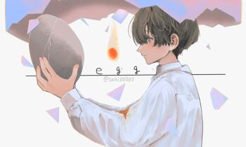 1boy brown_eyes brown_hair closed_mouth commentary_request cracked_egg egg from_side highres holding holding_egg long_sleeves looking_at_object male_focus original profile sahi00000 shirt short_hair solo upper_body white_shirt