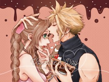 1boy 1girl aerith_gainsborough artist_name bangle bare_shoulders black_shirt blonde_hair bracelet braid braided_ponytail breasts brown_hair cake chocolate chocolate_cake chocolate_on_face choker closed_eyes cloud_strife couple dress earrings final_fantasy final_fantasy_vii final_fantasy_vii_remake food food_on_face green_eyes hair_between_eyes hair_ribbon hand_on_another's_head hand_on_own_chin happy_valentine hetero highres holding holding_cake holding_food jewelry long_hair medium_breasts open_mouth parted_bangs pink_background pink_dress pink_ribbon ribbon sharp_teeth shirt short_hair sidelocks single_braid single_earring sleeveless sleeveless_dress sleeveless_turtleneck teeth turtleneck twitter_username upper_body valentine yco_030601