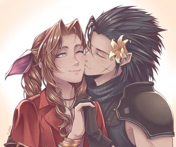 1boy 1girl aerith_gainsborough armor bangle black_gloves black_hair blue_sweater blush bracelet braid braided_ponytail brown_hair choker closed_eyes closed_mouth commentary couple crisis_core_final_fantasy_vii cross_scar drill_hair drill_sidelocks facial_scar facing_another final_fantasy final_fantasy_vii final_fantasy_vii_remake flower gloves gradient_hair green_eyes hair_flower hair_ornament hair_ribbon hair_slicked_back hetero highres holding_hands interlocked_fingers jacket jewelry k_n0pee kiss kissing_cheek long_hair looking_at_another multicolored_hair one_eye_closed parted_bangs pink_ribbon ponytail red_jacket ribbed_sweater ribbon scar scar_on_cheek scar_on_face short_sleeves shoulder_armor sidelocks smile spiked_hair suspenders sweater symbol-only_commentary turtleneck turtleneck_sweater upper_body yellow_flower zack_fair