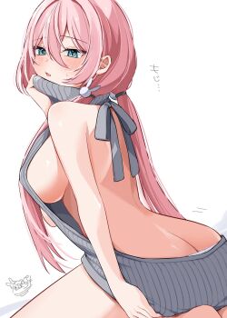 1girl anmi_ilust aqua_eyes ass back backless_outfit blush breasts butt_crack commentary_request grey_sweater hair_between_eyes hair_ornament hair_tie highres kneeling large_breasts long_hair low_twintails original parted_lips pink_hair rabbit_hair_ornament sideboob simple_background solo sweater translation_request twintails virgin_killer_sweater white_background