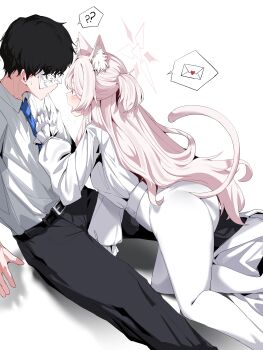 1boy absurdres akira_(blue_archive) animal_ear_fluff animal_ears doodle_sensei_(blue_archive) blue_archive blue_necktie cat_ears cat_girl cat_tail formal_clothes halo hetero highres letter love_letter necktie phantom_thief plentyofempty sensei_(blue_archive) suit tail tail_raised thief white_suit