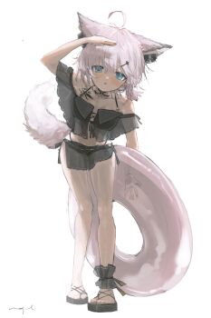 1girl absurdres ahoge animal_ears arknights bare_shoulders bikini black_bikini black_sandals blue_eyes blush commentary_request flat_chest fox_ears fox_girl full_body grey_hair hair_ornament highres holding holding_swim_ring innertube leaning_forward looking_at_viewer material_growth off-shoulder_bikini off_shoulder official_alternate_costume open_mouth oripathy_lesion_(arknights) pppmepl sandals shading_eyes short_hair signature simple_background solo standing sussurro_(arknights) sussurro_(summer_flower)_(arknights) swim_ring swimsuit white_background