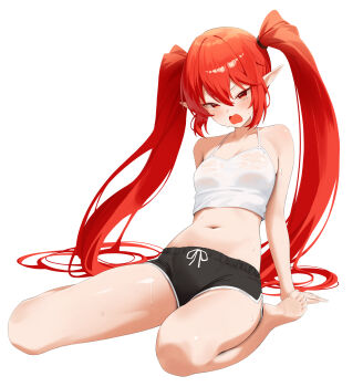 1girl bare_shoulders black_shorts breasts camisole crop_top dolphin_shorts drawstring dungeon_and_fighter hair_ornament highres ju-ok long_hair looking_at_viewer midriff navel open_mouth original pointy_ears red_eyes red_hair see-through_clothes see-through_shirt shirt short_shorts shorts simple_background sitting sleeveless sleeveless_shirt small_breasts solo spaghetti_strap stomach sweat thighs v-shaped_eyebrows very_long_hair wariza wet wet_clothes wet_shirt white_background white_shirt