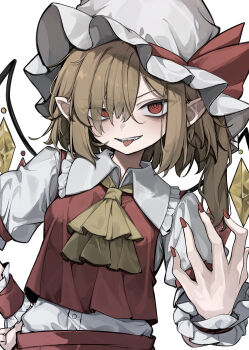 1girl :p absurdres ascot blonde_hair collared_shirt commentary_request flandre_scarlet frilled_shirt_collar frills hair_over_one_eye hand_on_own_hip hat hat_ribbon highres hisha_(kan_moko) long_hair looking_at_viewer mob_cap partial_commentary pointy_ears puffy_short_sleeves puffy_sleeves red_eyes red_nails red_ribbon red_shirt red_vest ribbon ringed_eyes shirt short_sleeves simple_background solo tongue tongue_out touhou translucent_hair upper_body v-shaped_eyebrows vest white_background white_hat white_shirt wings wrist_cuffs yellow_ascot