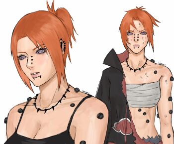 Rule 34 | 1girl, akatsuki uniform, black camisole, bleeehrghw, breasts, camisole, chest sarashi, cleavage, collarbone, commentary, dirty, dirty face, ear piercing, english commentary, eyes visible through hair, frown, genderswap, genderswap (mtf), highres, jewelry, large breasts, medium breasts, naruto (series), naruto shippuuden, necklace, orange hair, pain (naruto), parted lips, piercing, ponytail, purple eyes, ringed eyes, rinnegan, sarashi, shoulder piercing, signature, torn clothes, torn coat