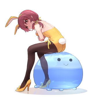 1girl 3: alternate_costume animal_ear_hairband animal_ears arms_under_breasts ball bare_arms bare_back bare_shoulders black_pantyhose blush breasts brown_hair c: commentary covering_breasts covering_privates embarrassed exercise_ball fake_animal_ears from_side frown full_body hairband high_heels highres kyarahiba large_breasts leaning_forward leotard looking_at_viewer looking_to_the_side low_twintails multicolored_hair murosaki_miyo onii-chan_wa_oshimai! pantyhose playboy_bunny rabbit_ears rabbit_tail red_hair shoes shoulder_blades side-tie_leotard simple_background sitting smile solo strapless strapless_leotard tail twintails two-tone_hair white_background yellow_hairband yellow_leotard yellow_shoes