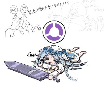 1girl barefoot blue_eyes braid chibi doll_joints dress elden_ring elden_ring_nightreign flower_wreath gameplay_mechanics guardian_(elden_ring) head_wreath highres horizontal_pupils joints libra_(elden_ring) long_hair looking_to_the_side low_twin_braids monakan_japan monster revenant_(elden_ring) sword translation_request twin_braids user_interface veil weapon white_background white_dress white_veil