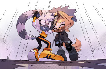 2girls animal_ears artist_name black_bodysuit black_gloves black_shoes bodysuit brown_fur commentary commission crop_top english_commentary fingerless_gloves furry furry_female gloves grey_fur highres lemur_ears lemur_girl lemur_tail multiple_girls rain shirt shoes short_sleeves sonic_(series) sonic_the_hedgehog_(idw) starrjoy tail tangle_the_lemur whisper_the_wolf wolf_ears wolf_girl wolf_tail yellow_shirt yellow_shoes