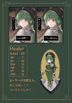 1girl belt_pouch beret blood breasts brown_hat character_profile chibi embarrassed erlenmeyer_flask flask from_behind furrowed_brow green_hair green_shirt green_skirt grey_cloak hat highres holding holding_flask indoors jun_(navigavi) long_hair long_skirt long_sleeves looking_at_viewer looking_back original parted_lips ponytail potion pouch roleplay shelf shirt side_slit skirt solo speech_bubble standing stats translation_request wide-eyed yellow_eyes