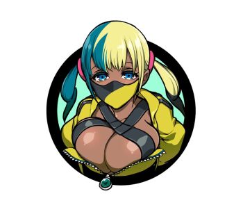1girl alternate_breast_size_(larger) aqua_eyes bandeau black_hair black_mask blonde_hair breasts breasts_squeezed_together canari_(pokemon) cleavage collarbone dark-skinned_female dark_skin highres jacket large_breasts looking_at_viewer mask mouth_mask multicolored_hair nintendo pokemon pokemon_legends:_z-a purple_eyes simple_background solo split-color_hair upper_body white_background yellow_bandeau yellow_jacket yellow_mask