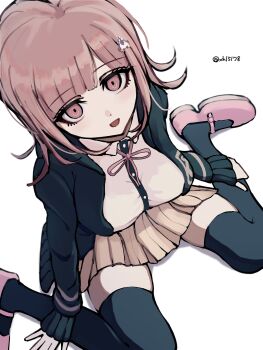 Rule 34 | 1girl, blush, breasts, brown hair, collared shirt, danganronpa (series), danganronpa 2: goodbye despair, flipped hair, hair ornament, highres, jacket, long sleeves, looking at viewer, medium hair, nanami chiaki, neck ribbon, oguma (ogm), open clothes, open jacket, pink eyes, pink ribbon, pleated skirt, ribbon, shirt, shoes, skirt, smile, solo, thighhighs, two-tone shirt, white shirt