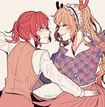 Rule 34 | 2girls, blonde hair, blush, closed mouth, commentary request, dragon horns, eyebrows hidden by hair, closed eyes, from side, glasses, highres, horns, kobayashi-san chi no maidragon, kobayashi (maidragon), la la land, looking at another, miba, multiple girls, red hair, tohru (maidragon), twitter username, yuri