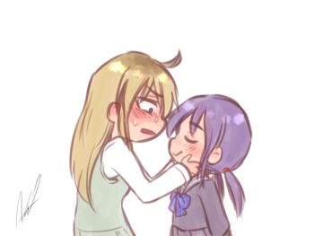 Rule 34 | 2girls, ahoge, aosora (mizore), black serafuku, black shirt, black skirt, blonde hair, blue bow, blue bowtie, blue eyes, blush, bow, bowtie, breasts, closed eyes, closed mouth, commentary request, empty eyes, from side, green sweater vest, hair between eyes, hands on another's face, hands up, hayano yuuki, long hair, long sleeves, low twintails, medium breasts, multiple girls, nervous, open mouth, original, pleated skirt, purple hair, sailor collar, school uniform, serafuku, shirt, shy, sidelocks, signature, simple background, skirt, smile, sweat, sweater vest, twintails, upper body, white background, white shirt, wide-eyed, yazaki shiori, yuri