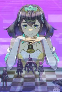 1girl chessboard cosmik_arts dress final_fantasy final_fantasy_xiv glowing glowing_eye highres hrothgar looking_at_viewer mamool_ja own_hands_together parody reptile_boy smile sphene_(ff14) static the_queen's_gambit tiara viper_(final_fantasy) warrior_of_light_(ff14) wuk_lamat zoraal_ja